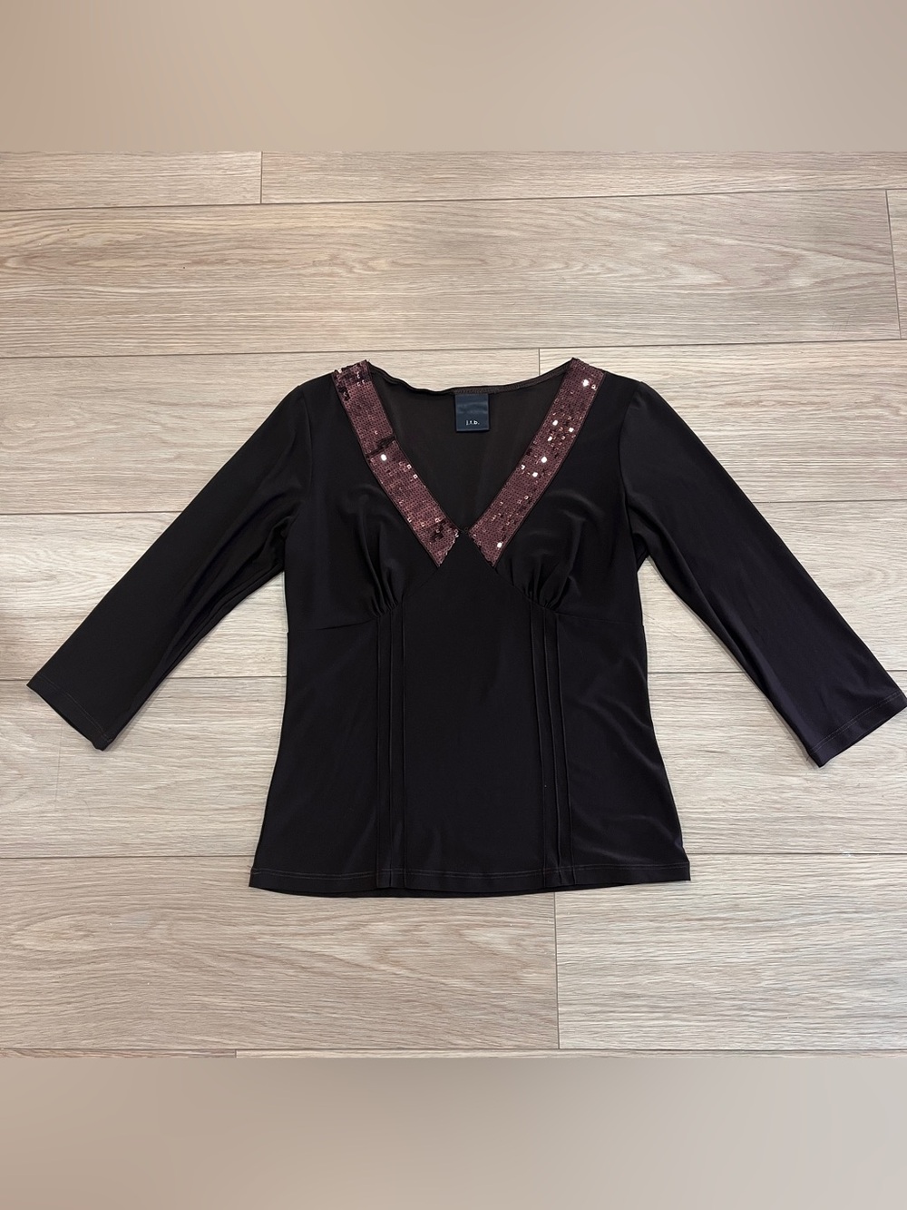 Y2K Brown Sequin Deep V Neck Empire Waist Top 3/4 Sleeve Glam